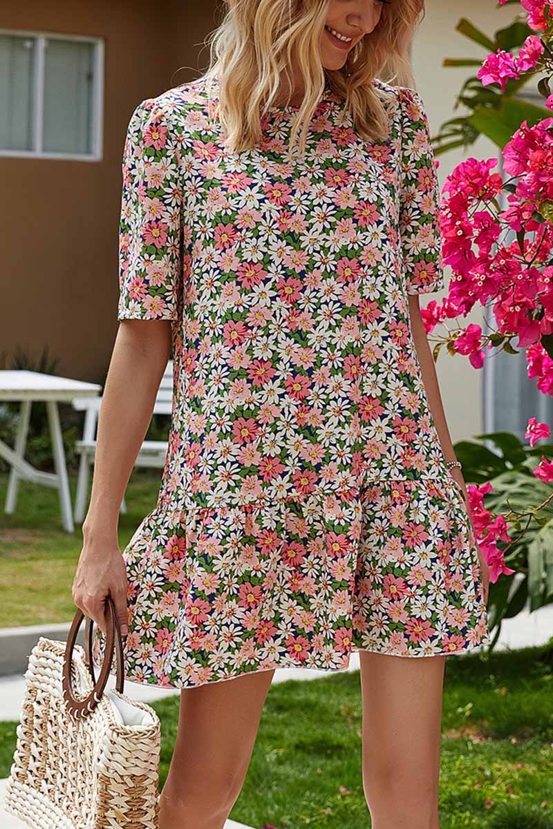 Round Neck Ruffled Floral Mini Dress