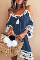 Bohemian Cold Shoulder Tassel Dress