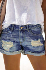 Ripped Fringed Dolid Color Regular Shorts