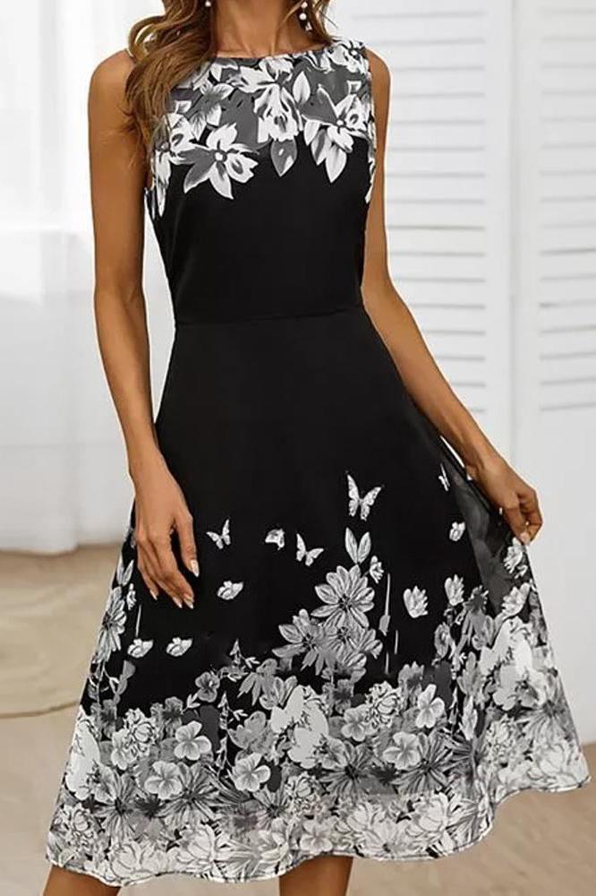 Butterfly Floral Print Sleeveless Dress