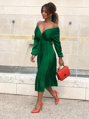 Women's A Line Dress Knee Length Dress Green Long Sleeve Solid Color Ruched Summer V Neck Hot Sexy S M L XL