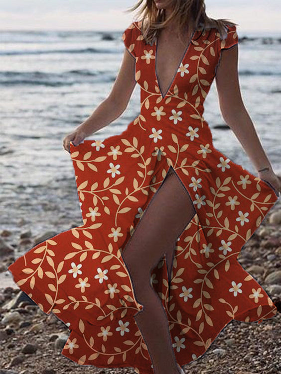 Printed V-Neck Split Beach Casual Dress