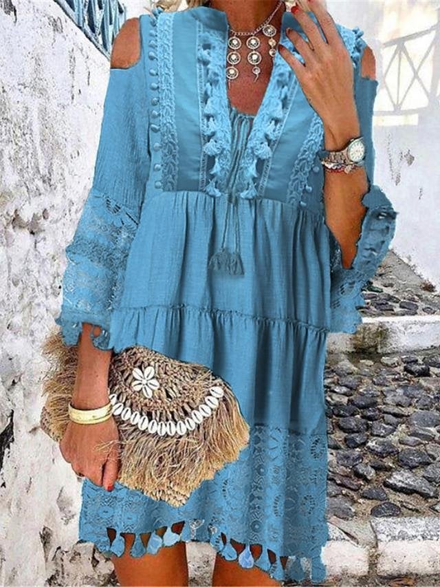 Women's Shift Dress Short Mini Dress - 3/4 Length Sleeve Tassel Fringe Lace Cold Shoulder Summer Hot Casual Boho vacation dresses White Blue Yellow Beige Light Blue S M L XL XXL 3XL-0208808