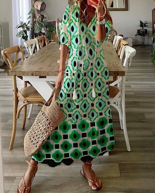 Bohemian V-Neck Print Drawstring Short Sleeve Midi Dress