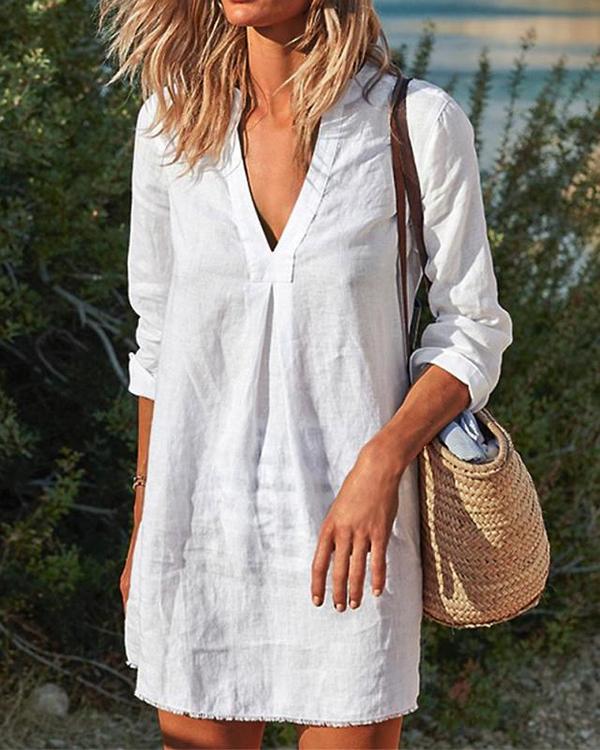 Women Vintage Casual V Neck Solid Linen Dresses