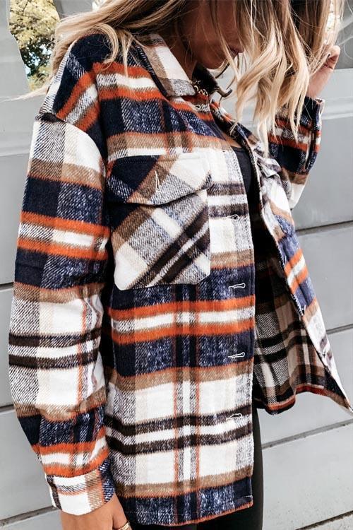 Woolen Lattice Big Pocket Shirt Coat