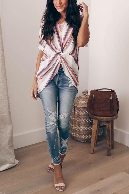 Colorful Striped Twisted Knot Shirt