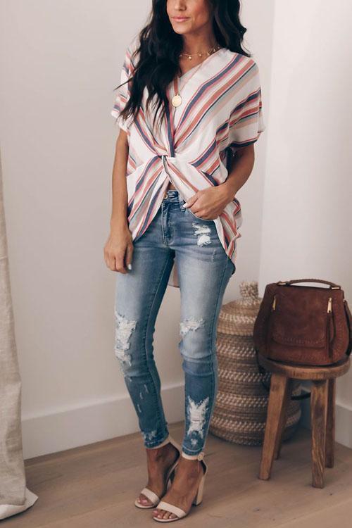 Colorful Striped Twisted Knot Shirt