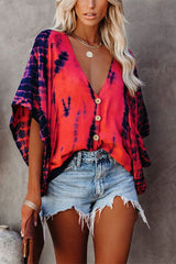 Tie Dye Print V-Neck Bat Sleeve Blouse