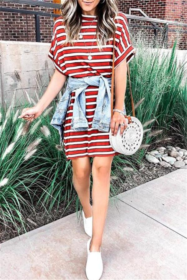 Casual Striped Short Sleeve Mini Dress