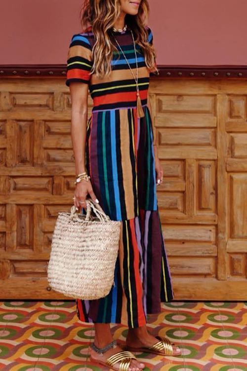 Bohemian Striped Multicolor Ankle Length Dress