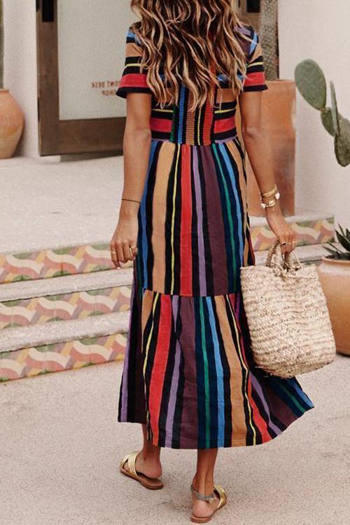 Bohemian Striped Multicolor Ankle Length Dress