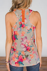 Printed Zipper Design Pink Tank Top