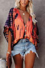 Tie Dye Print V-Neck Bat Sleeve Blouse