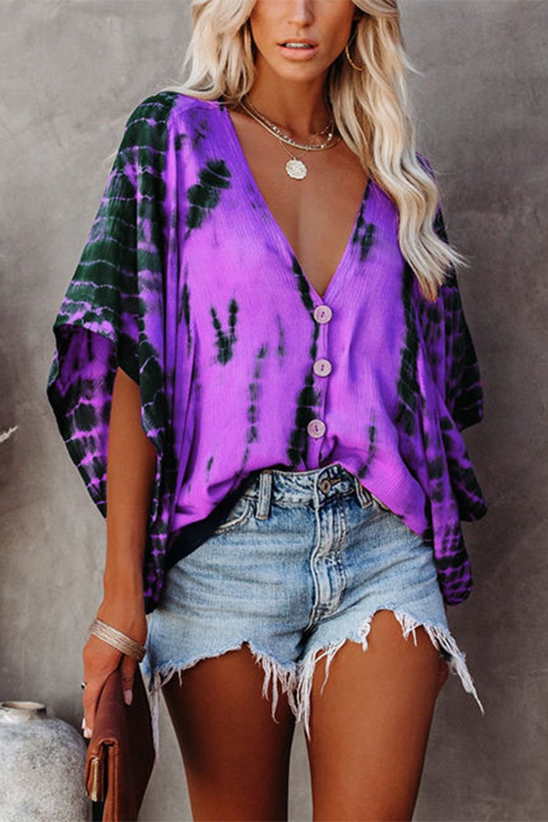 Tie Dye Print V-Neck Bat Sleeve Blouse