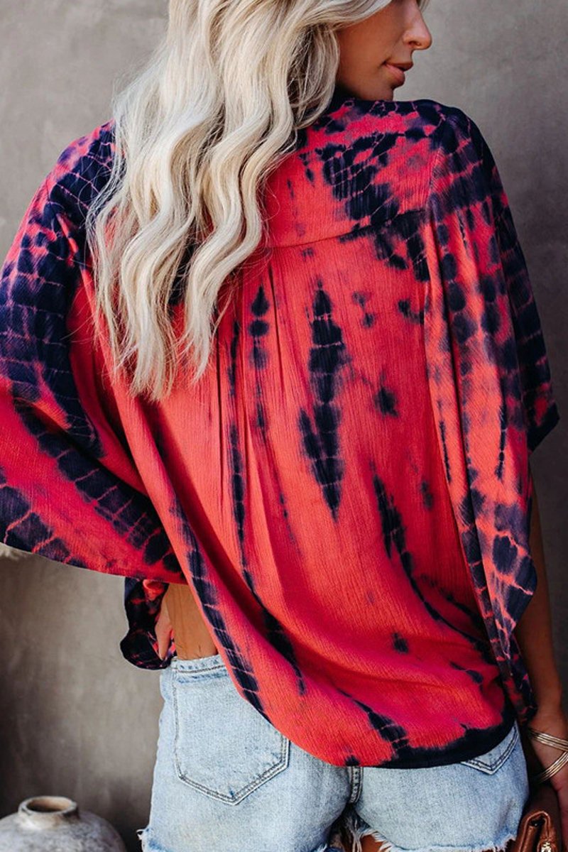 Tie Dye Print V-Neck Bat Sleeve Blouse