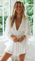 White Plunging Long Sleeve Rompers