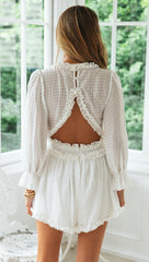 White Plunging Long Sleeve Rompers