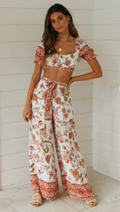 White Floral Crop Top and Pants Matching Sets