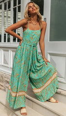 Teal Leavy Print Cami Jumpsuit