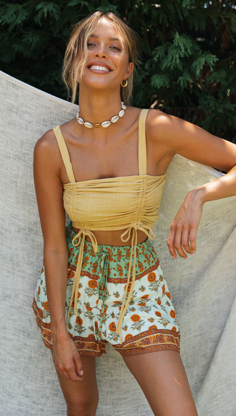 Yellow Crop Top and Floral Shorts Matching Sets