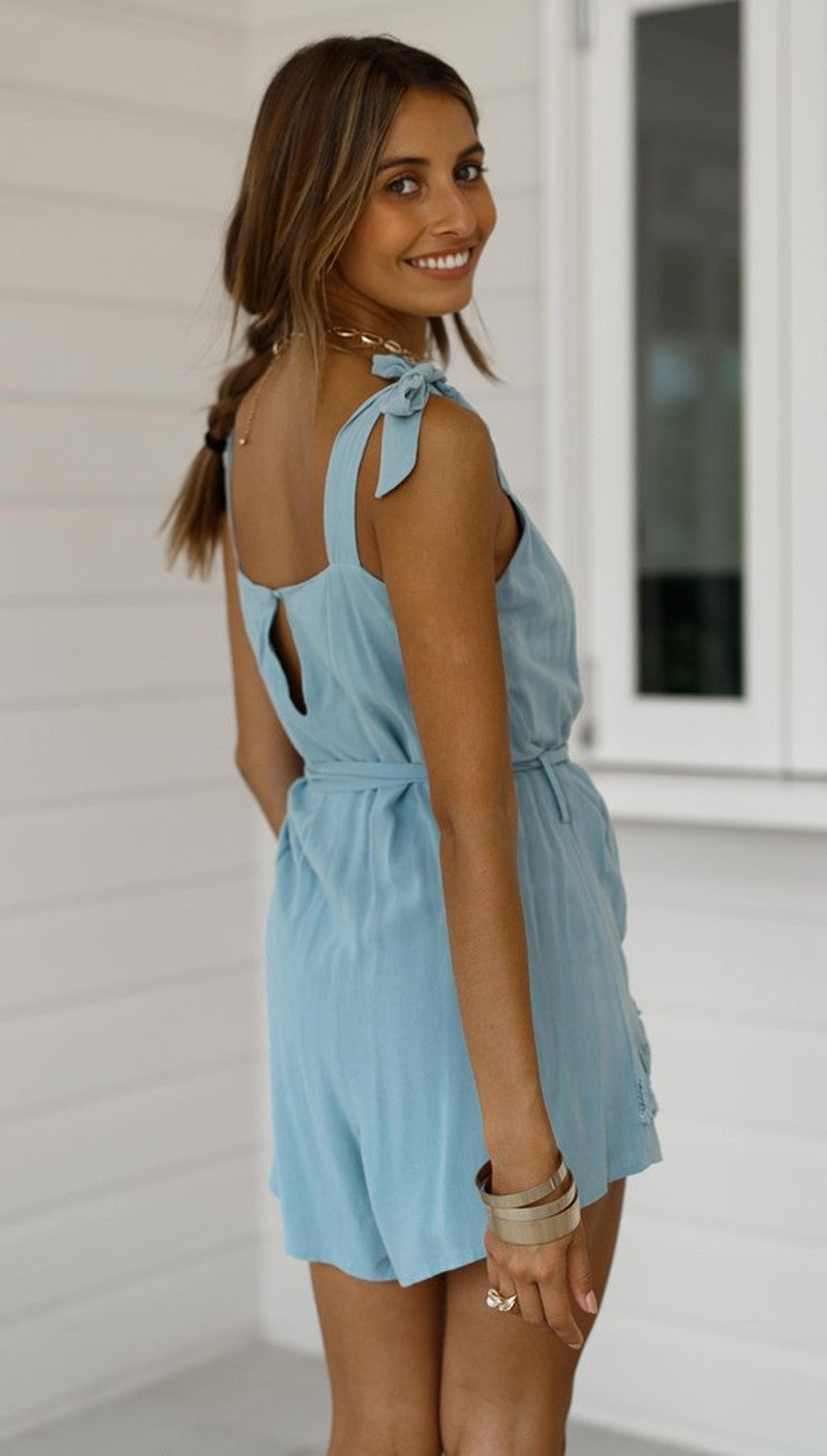 Blue Shoulde-Tie Rompers