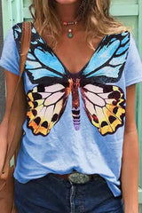 Butterfly Print V-Neck Casual T-Shirt