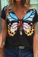 Butterfly Print V-Neck Casual T-Shirt