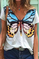 Butterfly Print V-Neck Casual T-Shirt