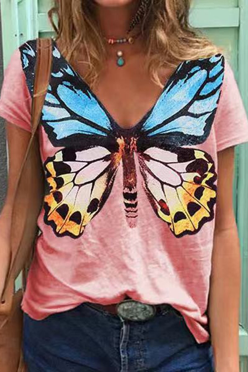 Butterfly Print V-Neck Casual T-Shirt