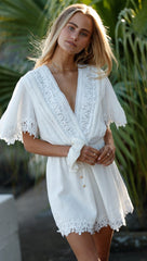 White Patched Lace Waist-Tie Rompers