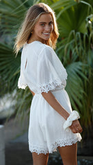 White Patched Lace Waist-Tie Rompers
