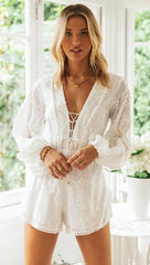 White Crochet Lace Long Sleeves Rompers