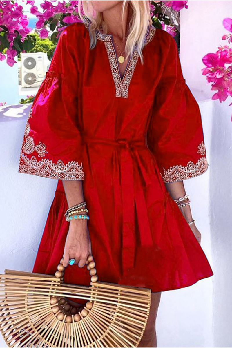 Bohemian V-Neck Three Quarter Sleeve Dress