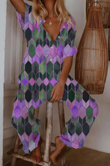 Color Block Short Sleeve Casual Jumpsuit