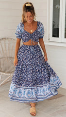 Boho Navy Floral Top and Skirt Matching Sets