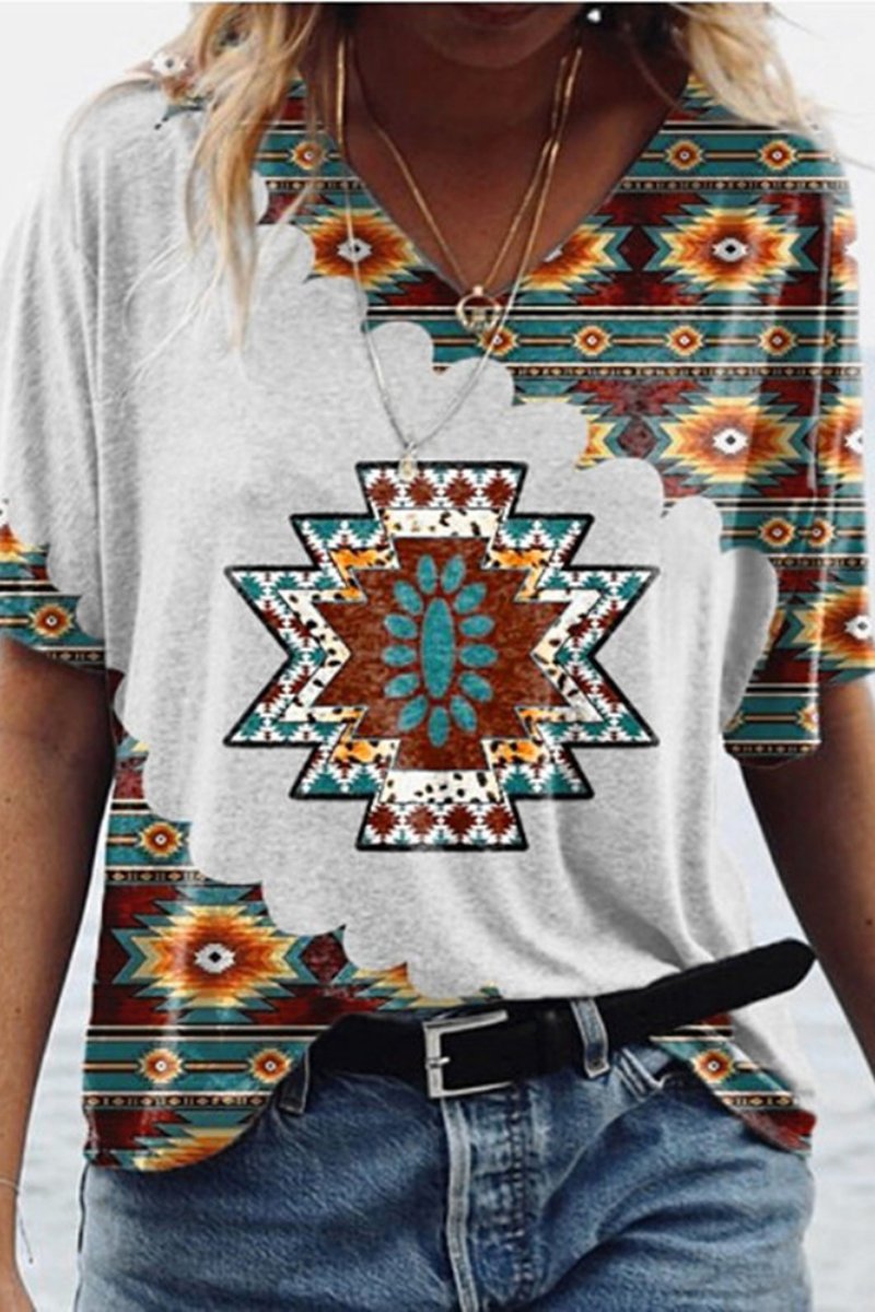 Vintage Print Casual V-Neck T-Shirt