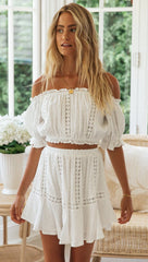 White Lace Crop Top and Skirt Matching Sets