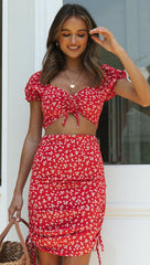 Red Floral Crop Top and Skirt Sets