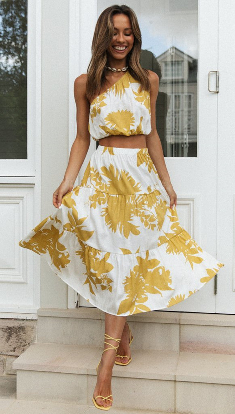 Yellow Floral Top and Skirt Matching Sets