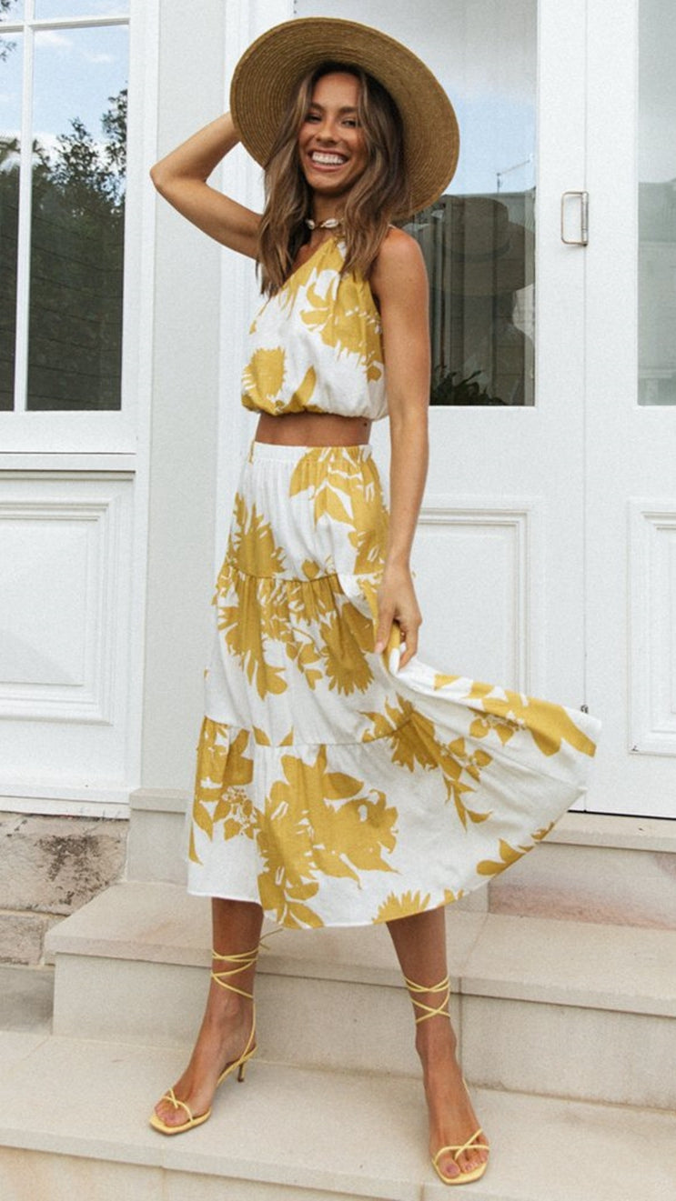 Yellow Floral Top and Skirt Matching Sets