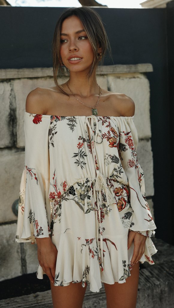 Beige Floral Off Shoulder Withdraw Rompers