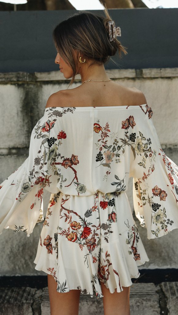 Beige Floral Off Shoulder Withdraw Rompers