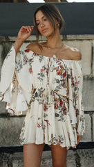 Beige Floral Off Shoulder Withdraw Rompers