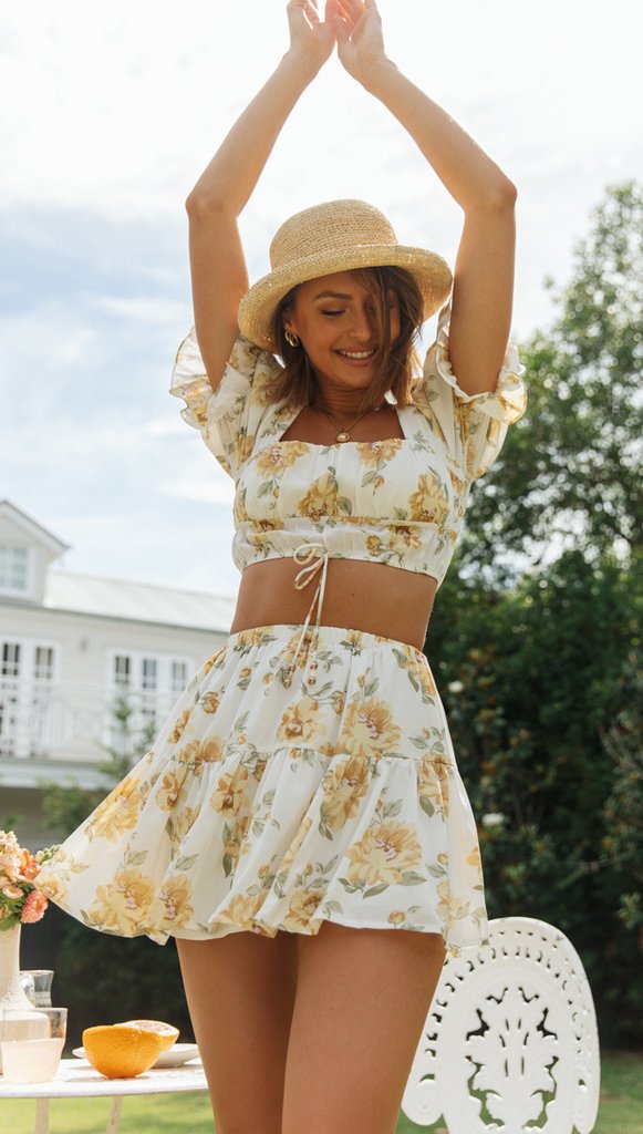 Yellow Floral Crop Top and Skirt Sets