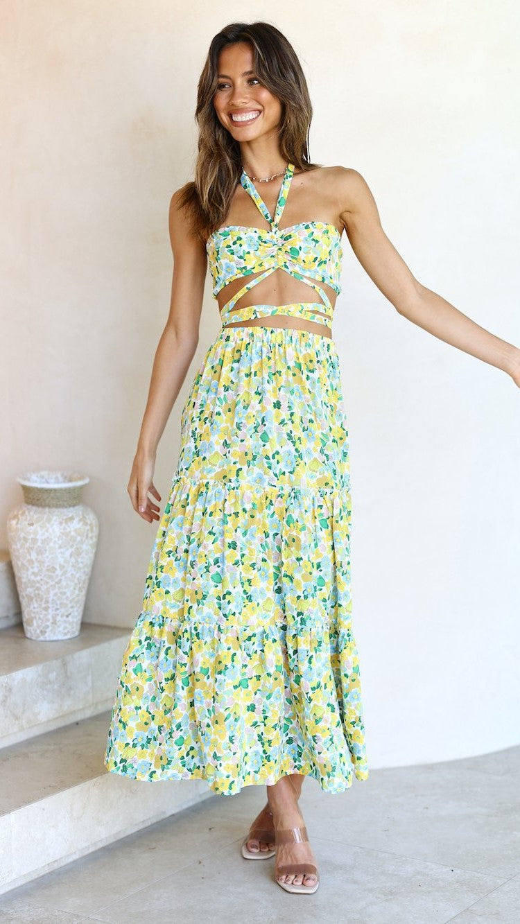 Yellow Floral Halter Top Maxi Skirt Sets