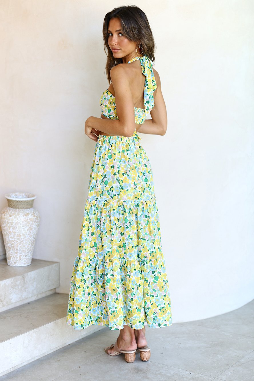 Yellow Floral Halter Top Maxi Skirt Sets