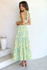 Yellow Floral Halter Top Maxi Skirt Sets