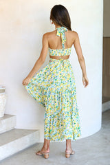 Yellow Floral Halter Top Maxi Skirt Sets