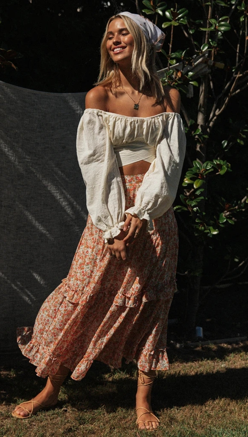 White Crop Top and Floral Skirt Sets